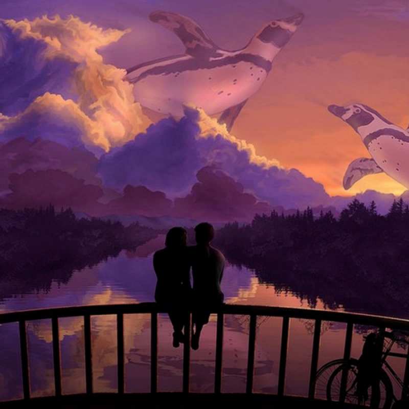 Открытка абстракция и люди  парочка сидит на мосте или на набережной  Хочу обійняти тебе 