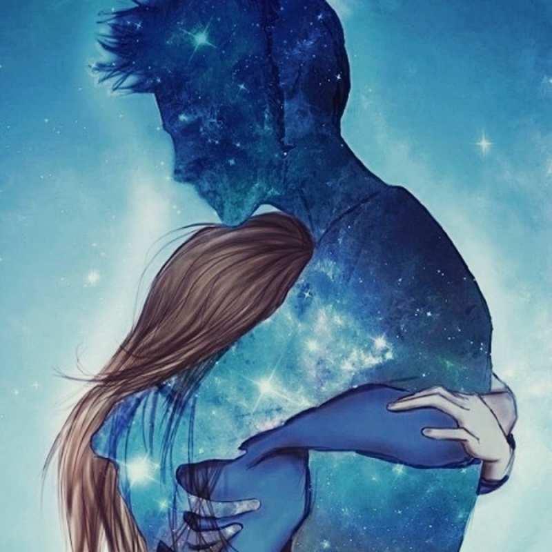 Открытка парень из звезд обнимает девушку  абстракция  Хочу обійняти тебе 