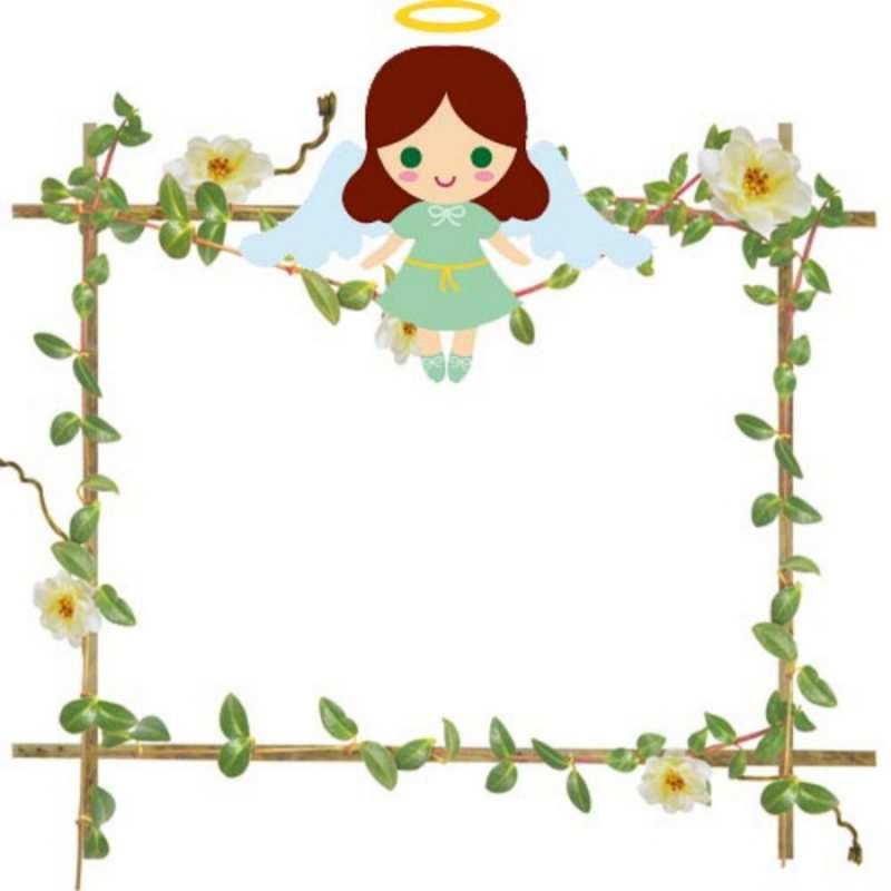 Открытка Ангел сидит на рамочке из цветов  Ангел с нимбом  З Днем ангела 