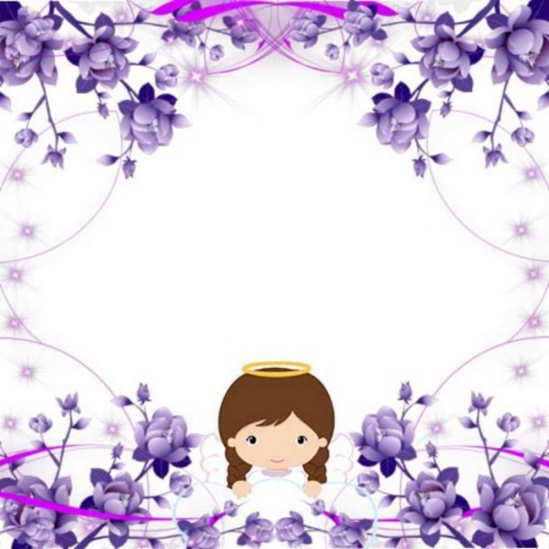 Открытка Ангел с нимбом и фиолетовые цветы  с именинами в рамочке  З Днем ангела 