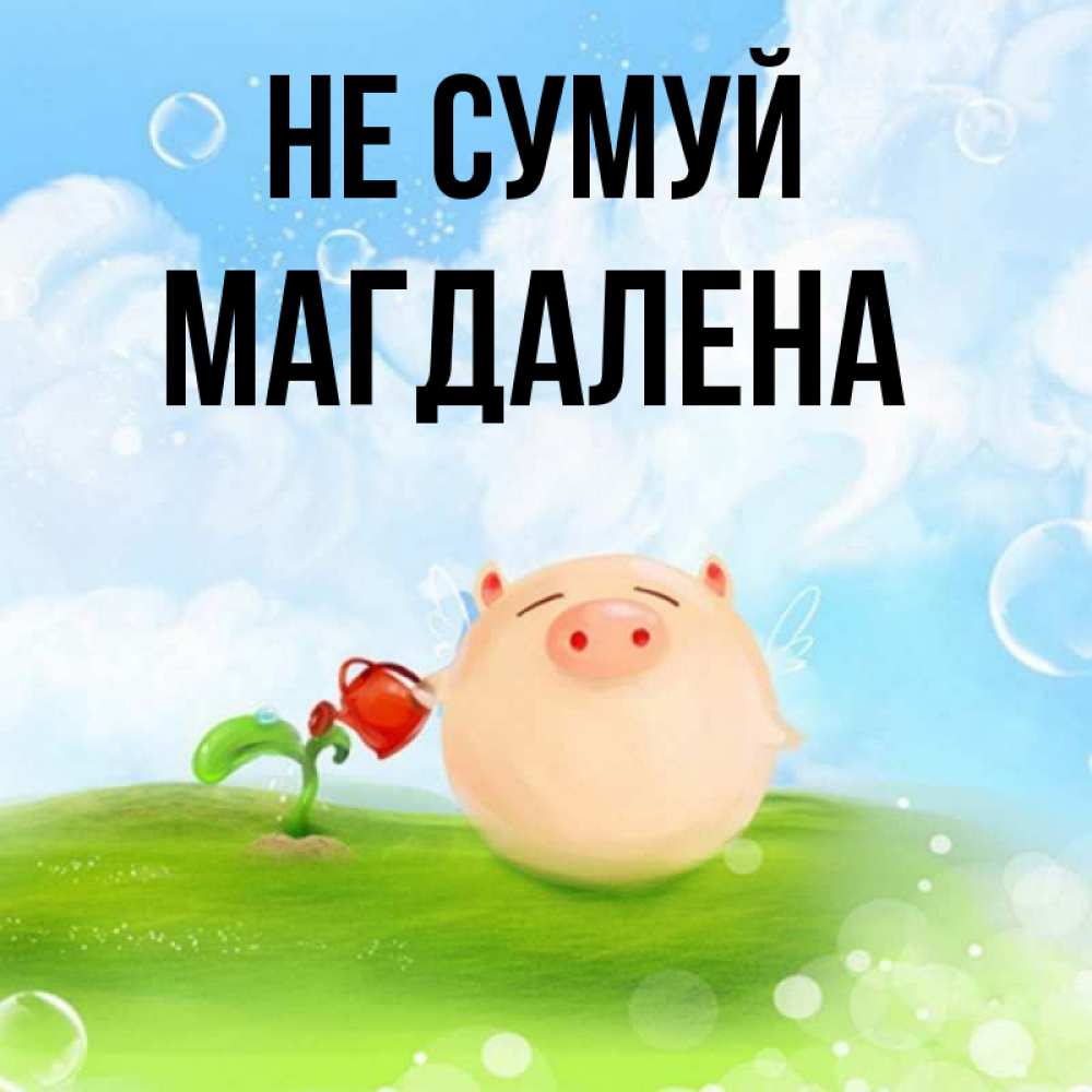 Открытка на каждый день з підписом, Магдалена Не сумуй поливает цветок порося Прикольна листівка з побажанням онлайн скачати безкоштовно 
