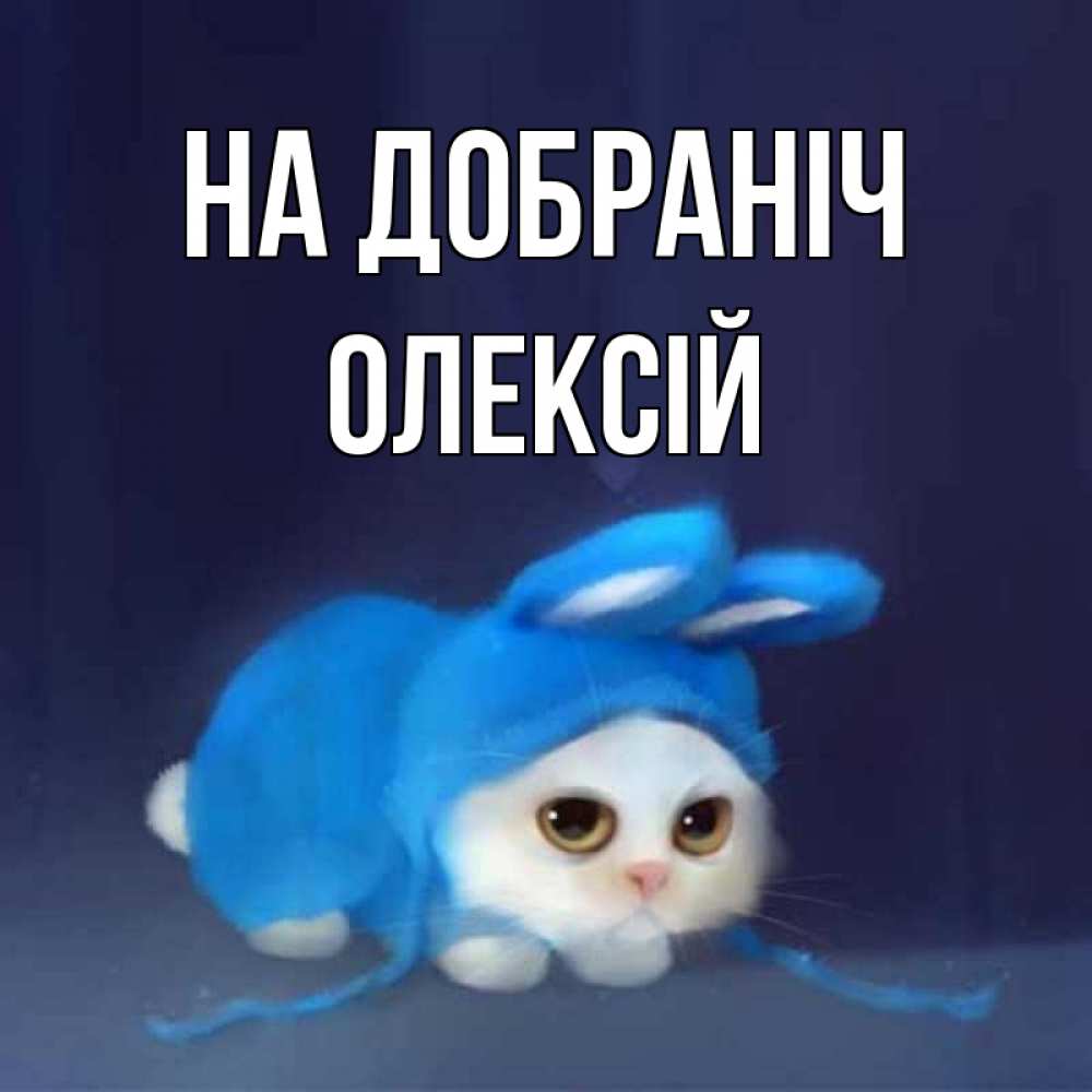Открытка на каждый день з підписом, Олексій На добраніч кот в голубом костюме кролика с ушками Прикольна листівка з побажанням онлайн скачати безкоштовно 