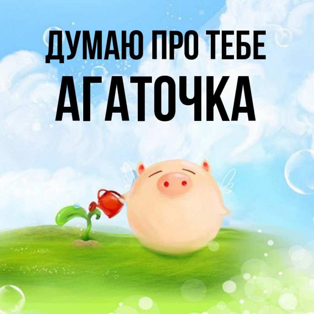 Открытка на каждый день з підписом, Агаточка Думаю про тебе позитивная свинюшка Прикольна листівка з побажанням онлайн скачати безкоштовно 