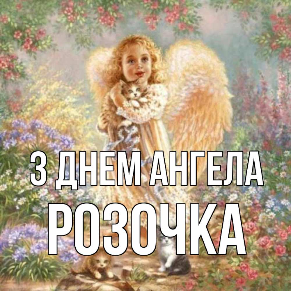 Открытка на каждый день з підписом, Розочка З Днем ангела держит котенка Прикольна листівка з побажанням онлайн скачати безкоштовно 