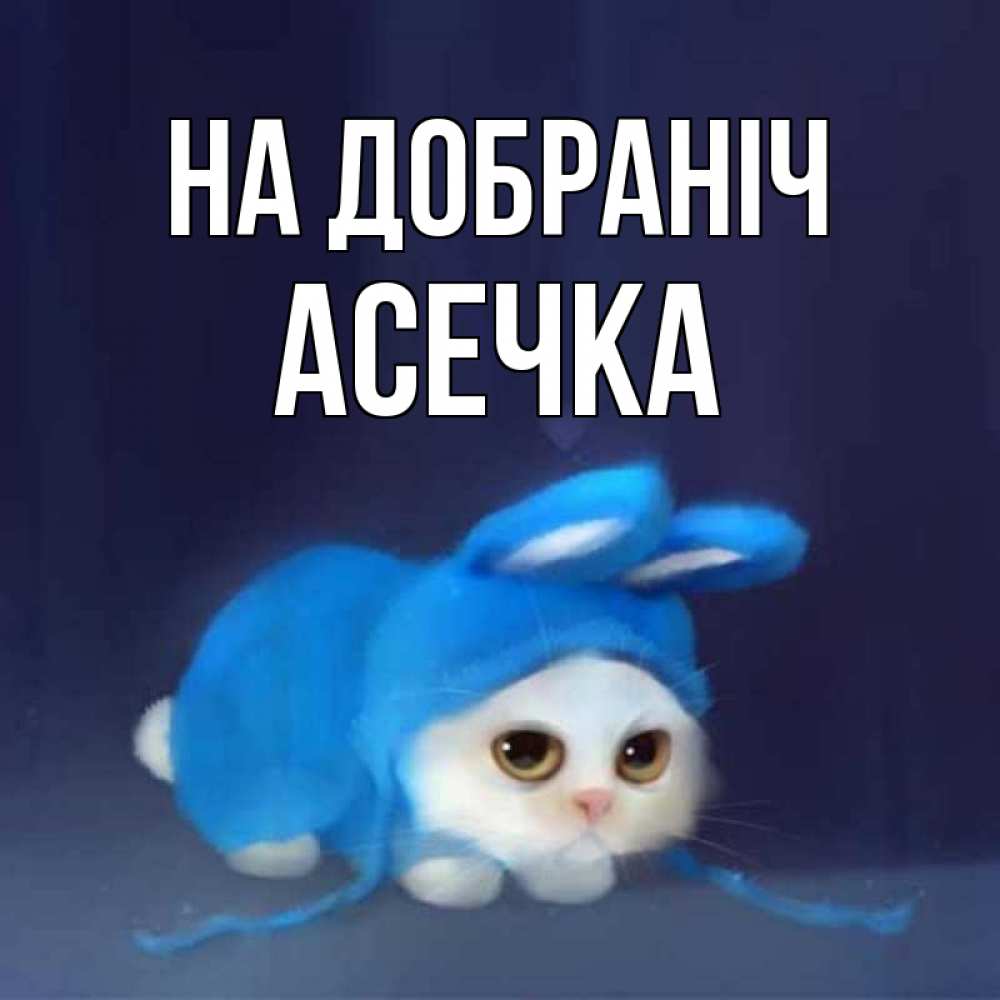 Открытка на каждый день з підписом, Асечка На добраніч кот в голубом костюме кролика с ушками Прикольна листівка з побажанням онлайн скачати безкоштовно 