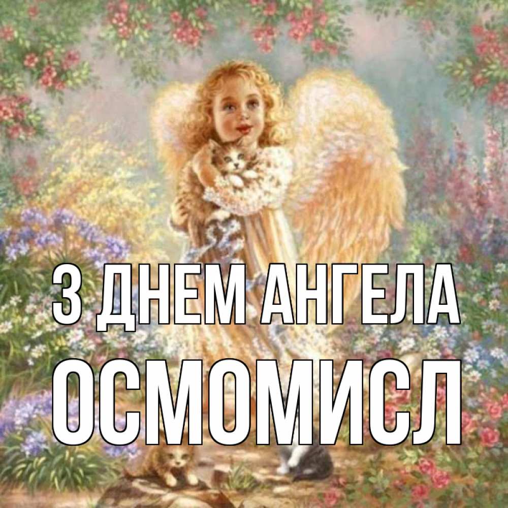 Открытка на каждый день з підписом, Осмомисл З Днем ангела держит котенка Прикольна листівка з побажанням онлайн скачати безкоштовно 