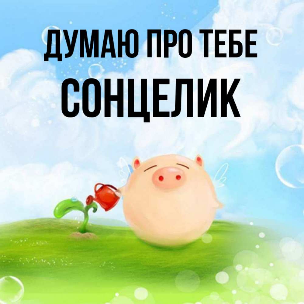 Открытка на каждый день з підписом, Сонцелик Думаю про тебе позитивная свинюшка Прикольна листівка з побажанням онлайн скачати безкоштовно 