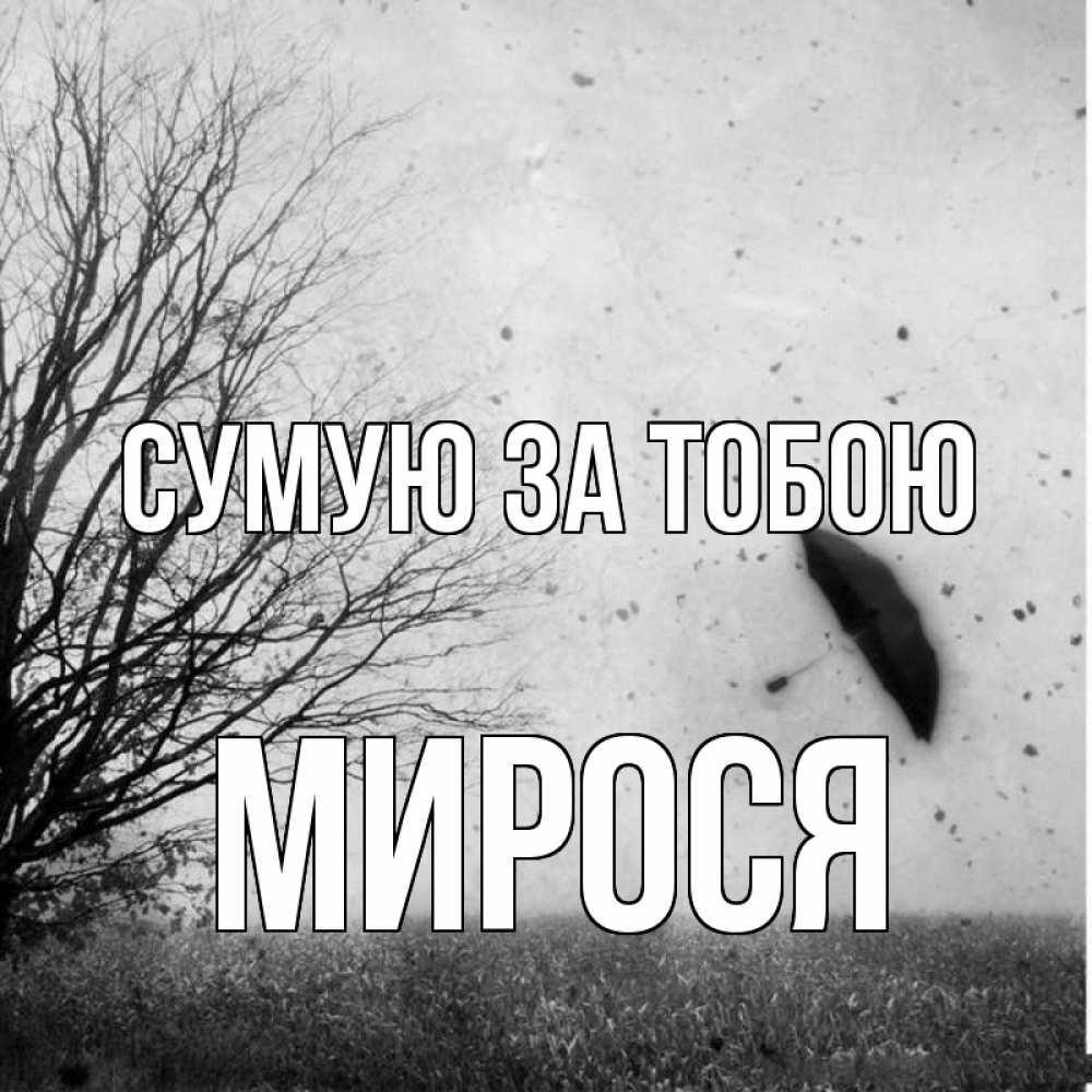 Открытка на каждый день з підписом, Мирося Сумую за тобою зонт летит Прикольна листівка з побажанням онлайн скачати безкоштовно 