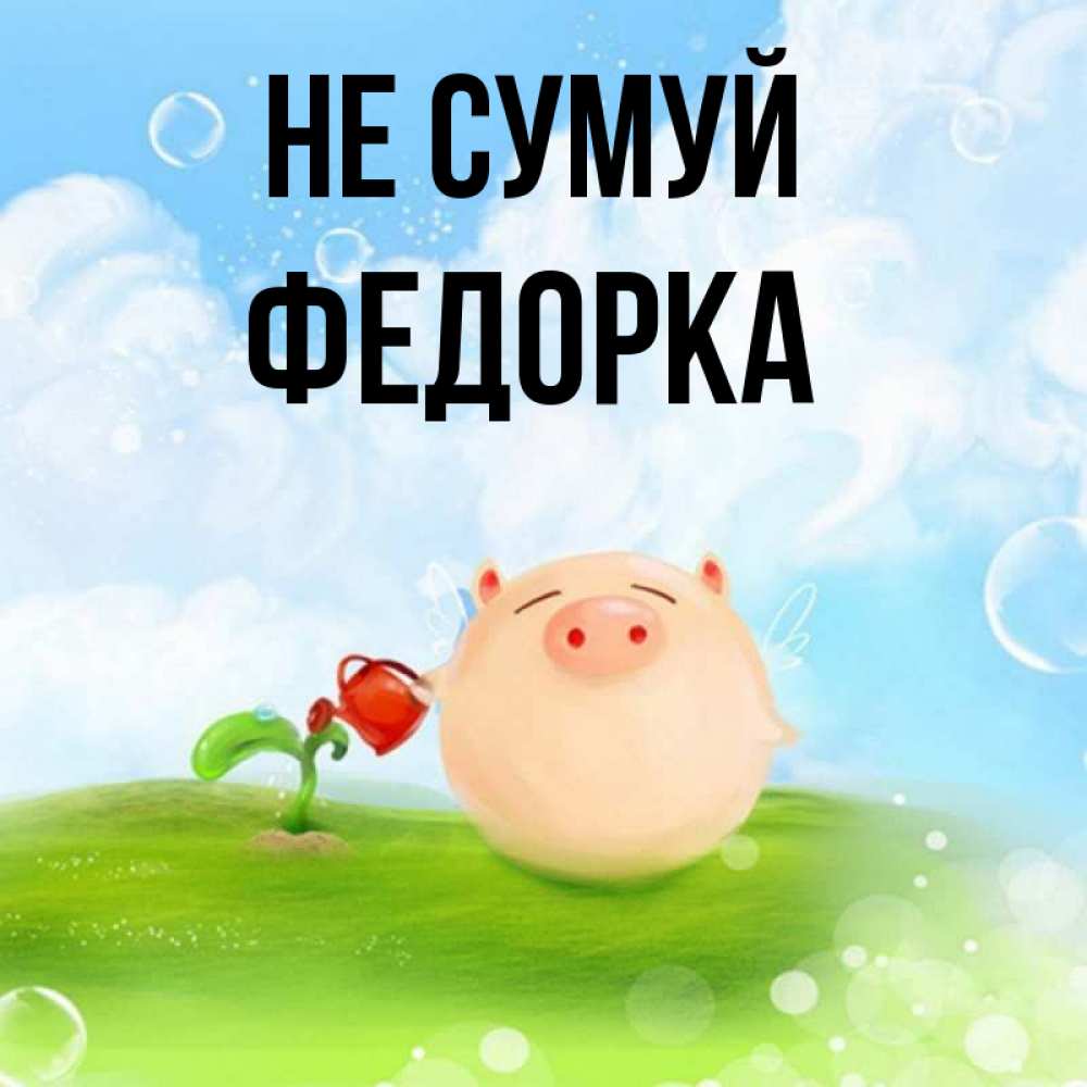 Открытка на каждый день з підписом, Федорка Не сумуй поливает цветок порося Прикольна листівка з побажанням онлайн скачати безкоштовно 