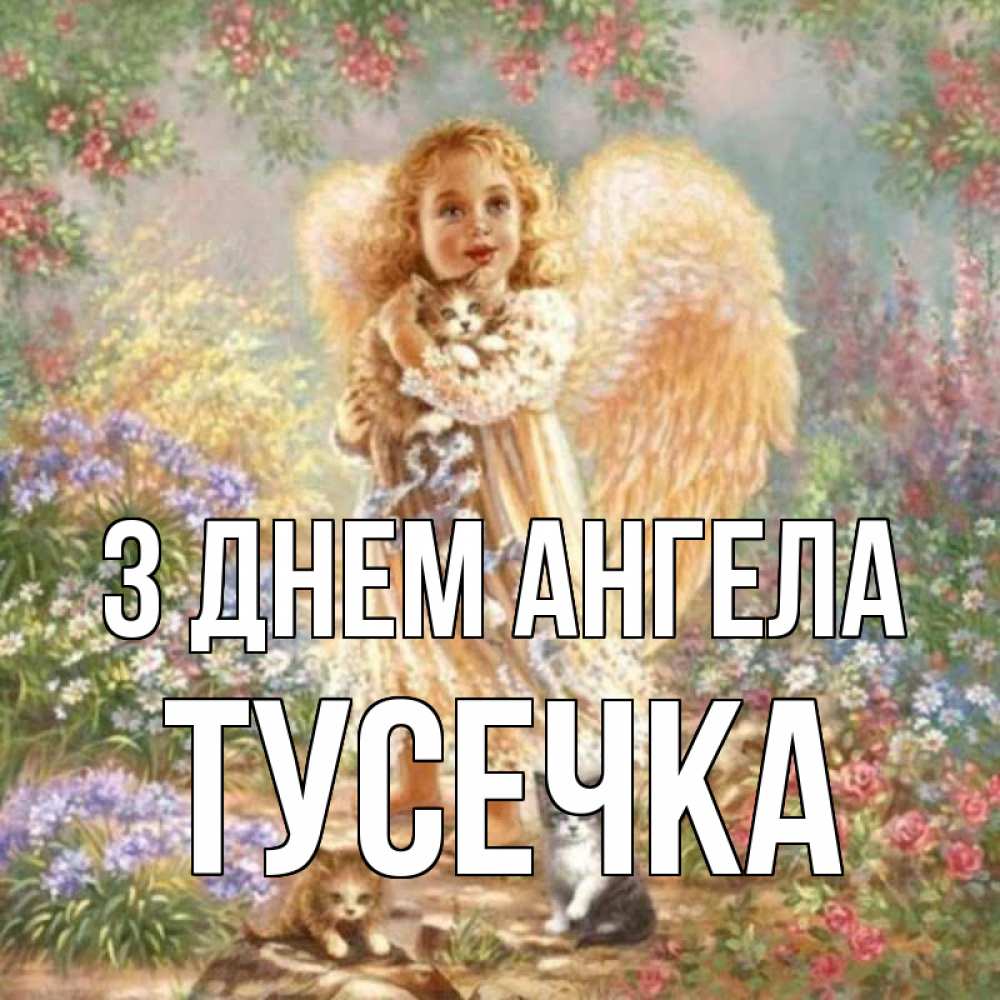 Открытка на каждый день з підписом, Тусечка З Днем ангела держит котенка Прикольна листівка з побажанням онлайн скачати безкоштовно 