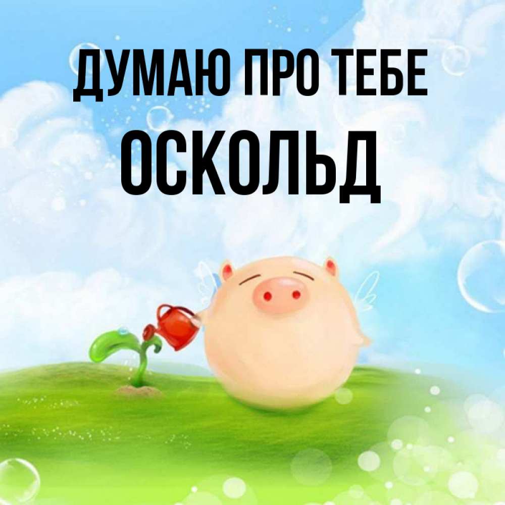 Открытка на каждый день з підписом, Оскольд Думаю про тебе позитивная свинюшка Прикольна листівка з побажанням онлайн скачати безкоштовно 