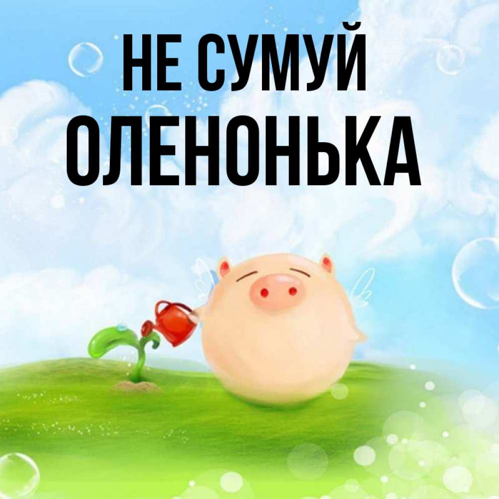 Открытка на каждый день з підписом, Оленонька Не сумуй поливает цветок порося Прикольна листівка з побажанням онлайн скачати безкоштовно 