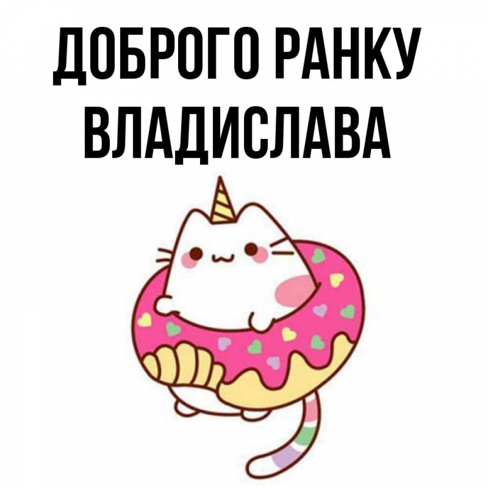Открытка на каждый день з підписом, Владислава Доброго ранку кот в бублике Прикольна листівка з побажанням онлайн скачати безкоштовно 