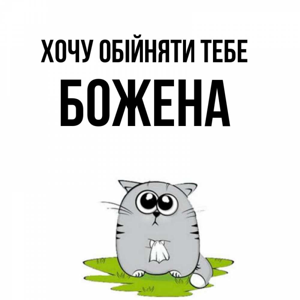 Открытка на каждый день з підписом, Божена Хочу обійняти тебе котик теребит платочек сидя на травке Прикольна листівка з побажанням онлайн скачати безкоштовно 