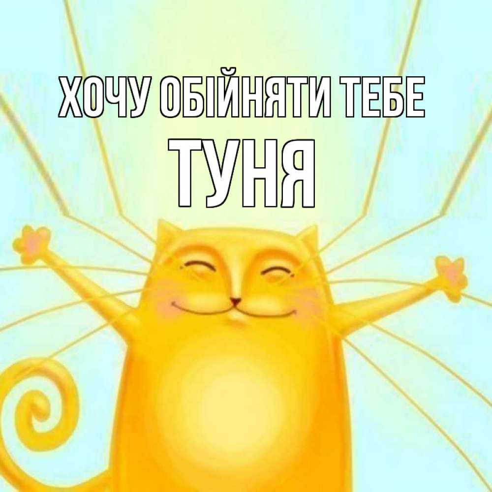 Открытка на каждый день з підписом, Туня Хочу обійняти тебе солнечный обнимашечный кот Прикольна листівка з побажанням онлайн скачати безкоштовно 