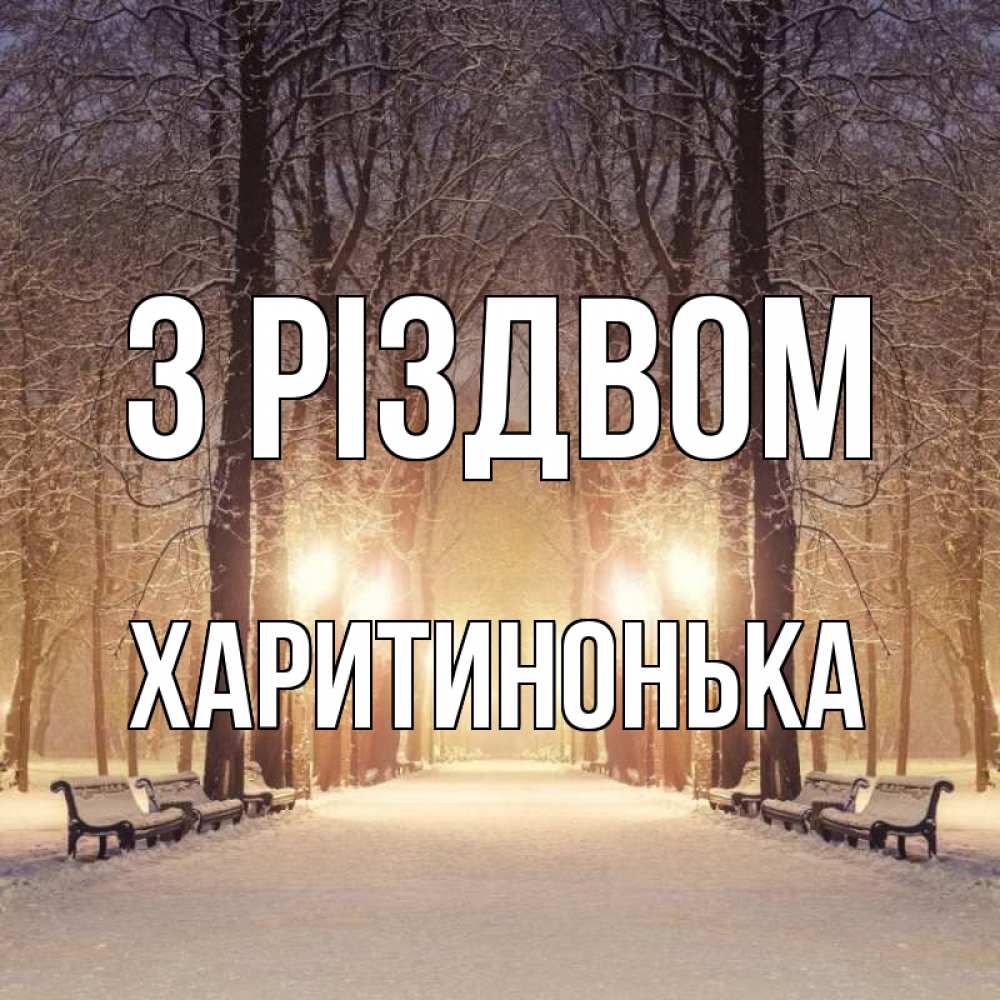 Открытка на каждый день з підписом, Харитинонька З Різдвом зима, парк, фонарь, лес Прикольна листівка з побажанням онлайн скачати безкоштовно 