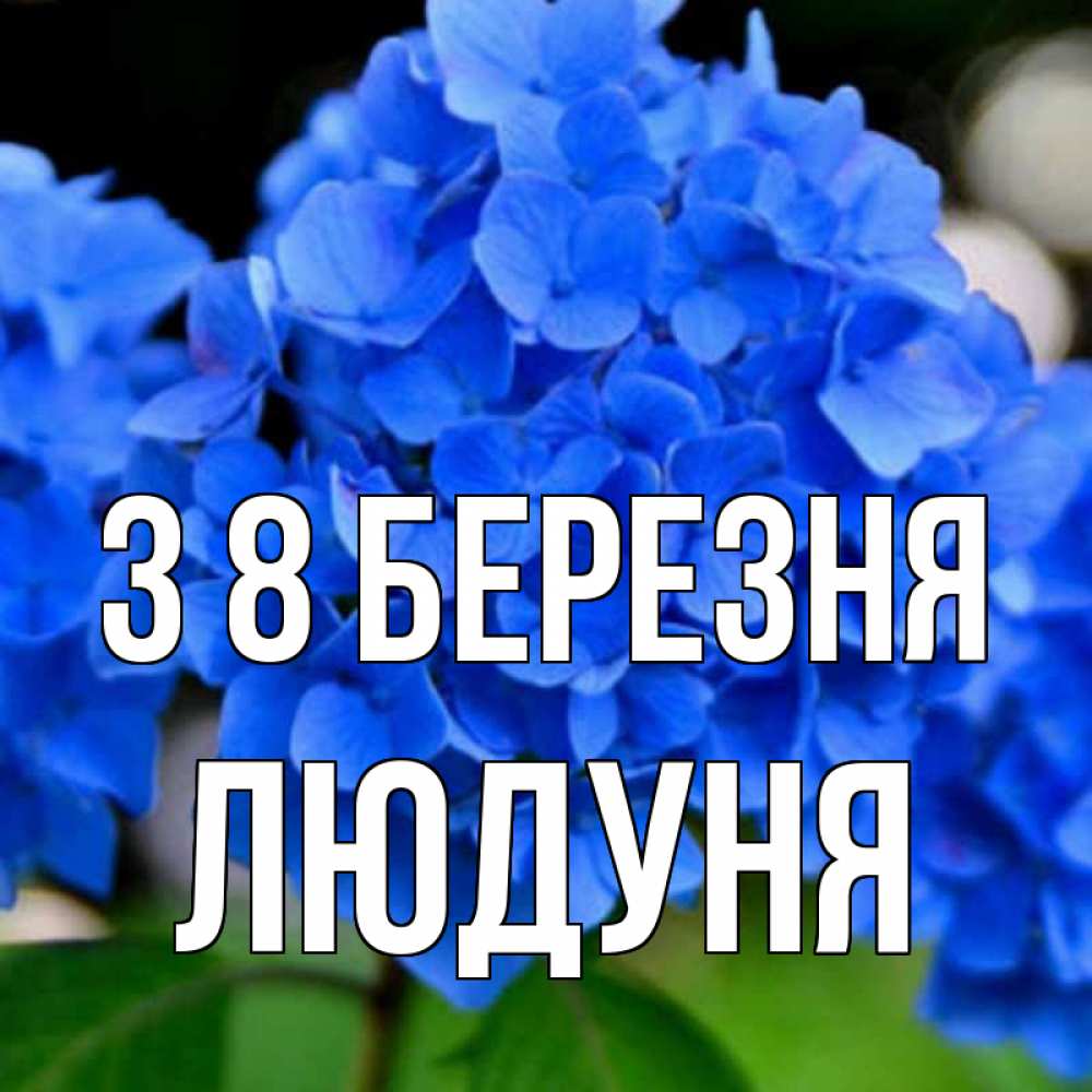 Открытка на каждый день з підписом, Людуня З 8 БЕРЕЗНЯ синие цветы Прикольна листівка з побажанням онлайн скачати безкоштовно 