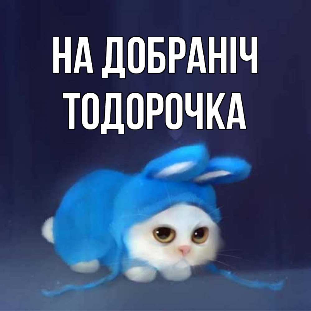 Открытка на каждый день з підписом, Тодорочка На добраніч кот в голубом костюме кролика с ушками Прикольна листівка з побажанням онлайн скачати безкоштовно 