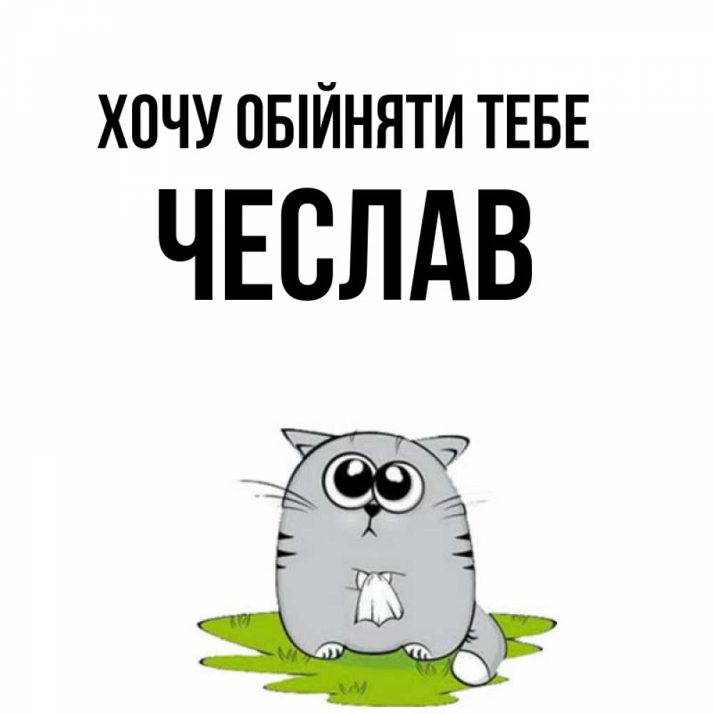 Открытка на каждый день з підписом, Чеслав Хочу обійняти тебе котик теребит платочек сидя на травке Прикольна листівка з побажанням онлайн скачати безкоштовно 
