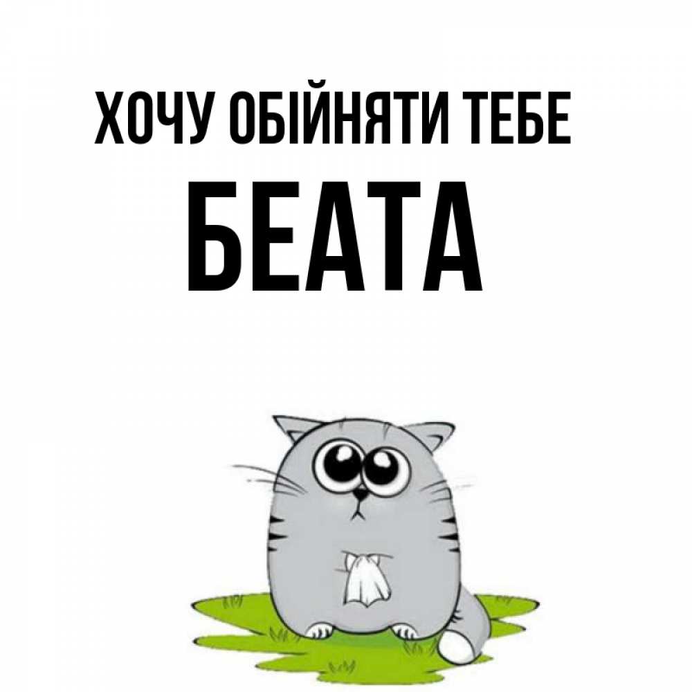 Открытка на каждый день з підписом, Беата Хочу обійняти тебе котик теребит платочек сидя на травке Прикольна листівка з побажанням онлайн скачати безкоштовно 