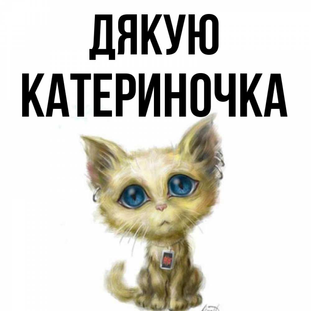 Открытка на каждый день з підписом, Катериночка Дякую рисованный кот благодарит вас Прикольна листівка з побажанням онлайн скачати безкоштовно 