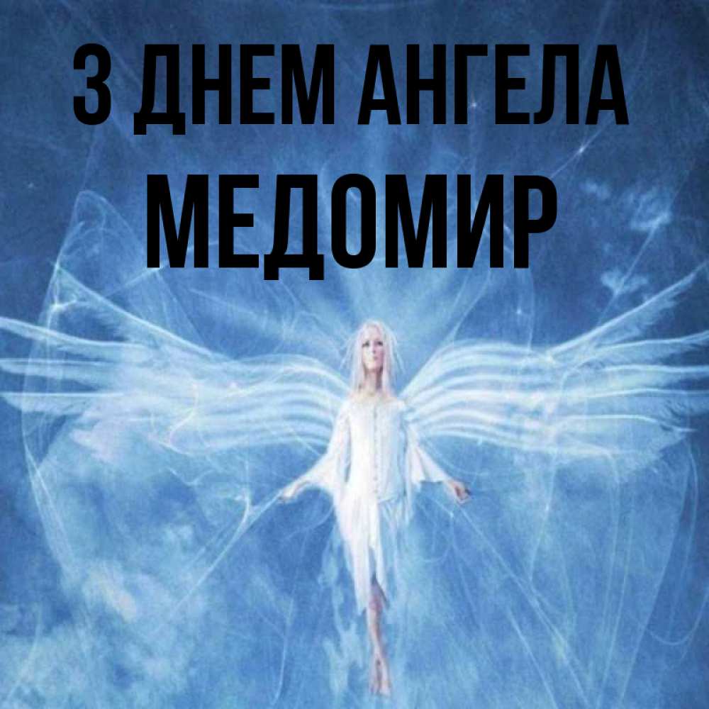 Открытка на каждый день з підписом, Медомир З Днем ангела голубой фон и крылья как у стрекозы Прикольна листівка з побажанням онлайн скачати безкоштовно 