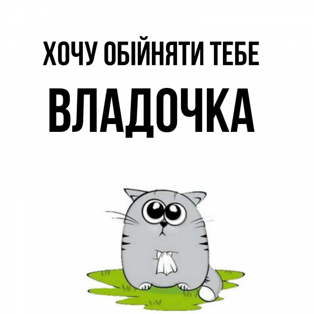 Открытка на каждый день з підписом, Владочка Хочу обійняти тебе котик теребит платочек сидя на травке Прикольна листівка з побажанням онлайн скачати безкоштовно 