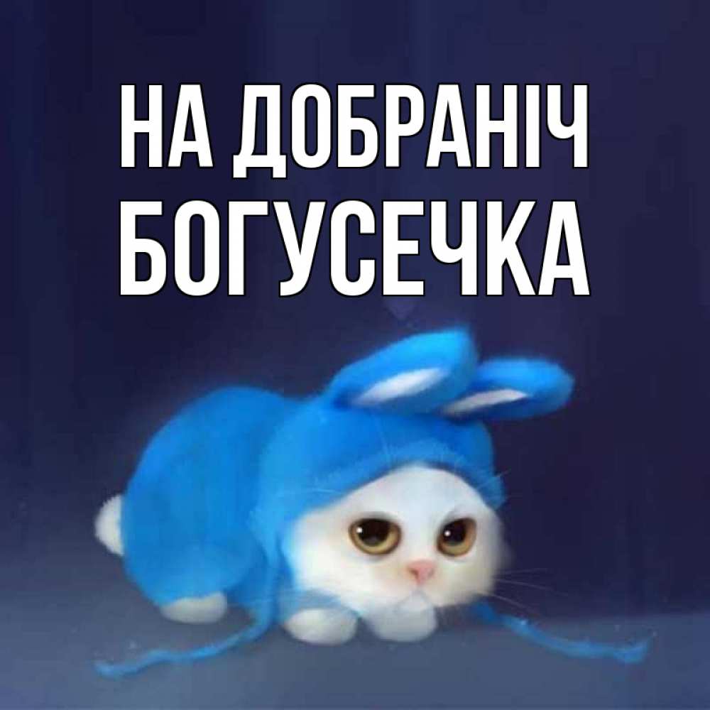 Открытка на каждый день з підписом, Богусечка На добраніч кот в голубом костюме кролика с ушками Прикольна листівка з побажанням онлайн скачати безкоштовно 
