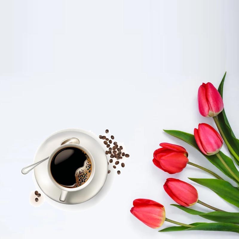 Открытка тюльпаны и кофе  красное блюдце  Доброго ранку 