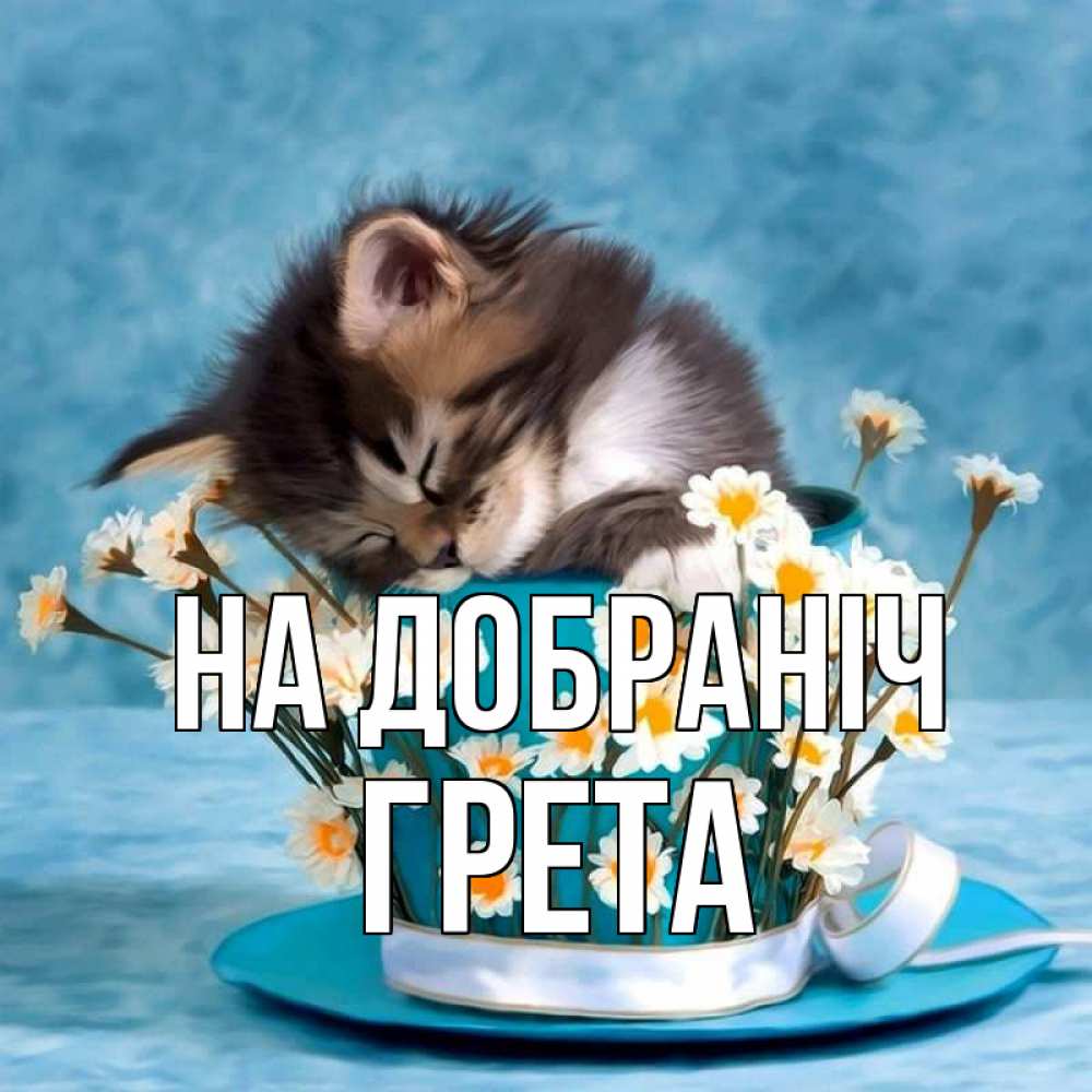Открытка на каждый день з підписом, Грета На добраніч котенок спит в кружке с блюдцем Прикольна листівка з побажанням онлайн скачати безкоштовно 