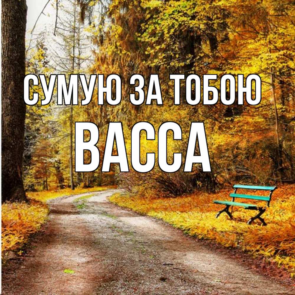 Открытка на каждый день з підписом, Васса Сумую за тобою зеленая лавочка и осенний лес Прикольна листівка з побажанням онлайн скачати безкоштовно 