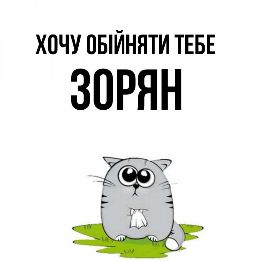 Открытка на каждый день з підписом, Зорян Хочу обійняти тебе котик теребит платочек сидя на травке Прикольна листівка з побажанням онлайн скачати безкоштовно 