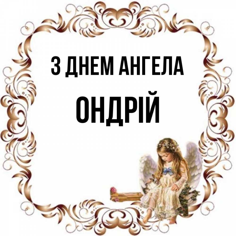 Открытка на каждый день з підписом, Ондрій З Днем ангела рамочка из перьев и ангелочек Прикольна листівка з побажанням онлайн скачати безкоштовно 