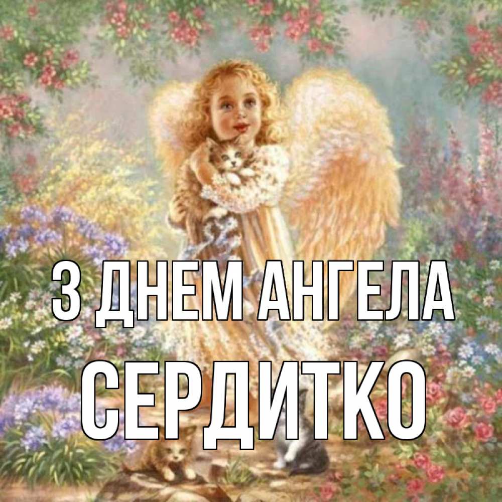 Открытка на каждый день з підписом, Сердитко З Днем ангела держит котенка Прикольна листівка з побажанням онлайн скачати безкоштовно 