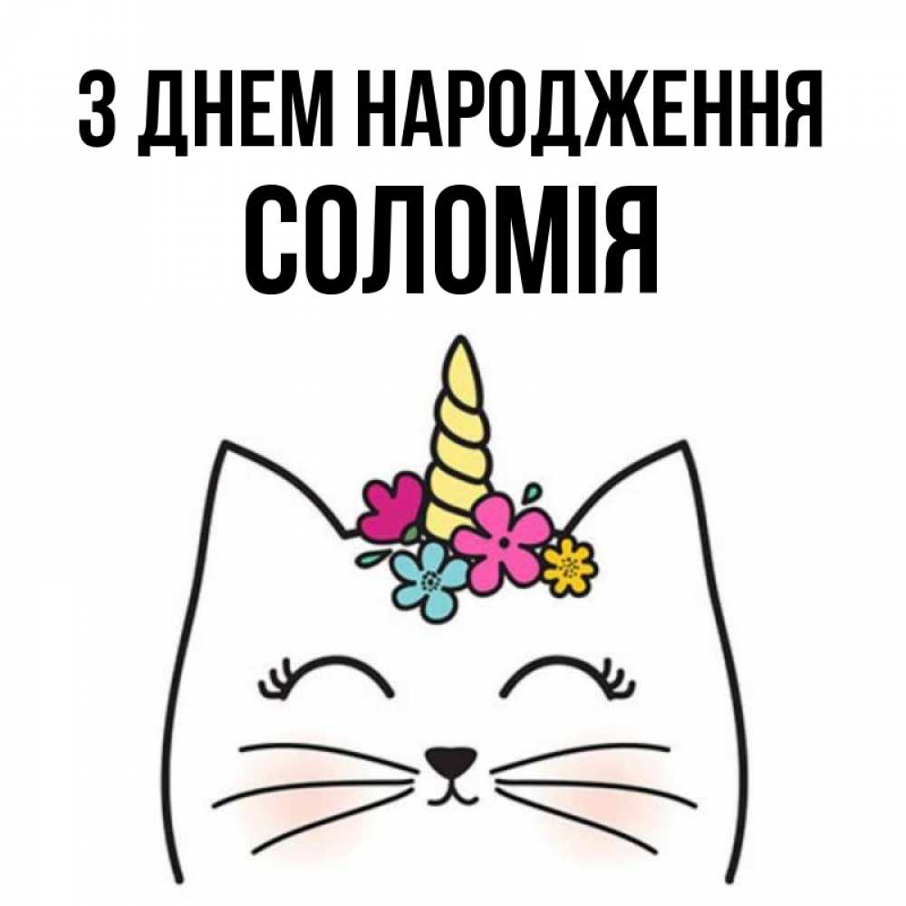 Открытка на каждый день з підписом, Соломія З Днем народження милый кот с одним рожком Прикольна листівка з побажанням онлайн скачати безкоштовно 