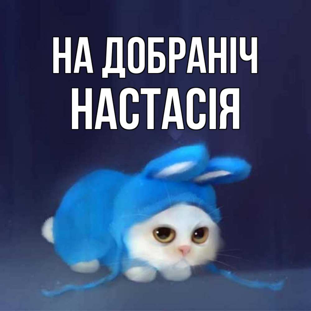 Открытка на каждый день з підписом, Настасія На добраніч кот в голубом костюме кролика с ушками Прикольна листівка з побажанням онлайн скачати безкоштовно 