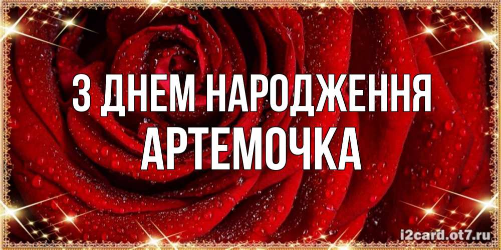 Открытка на каждый день з підписом, Артемочка З Днем народження роса на розе блестящая в лучах солнца Прикольна листівка з побажанням онлайн скачати безкоштовно 