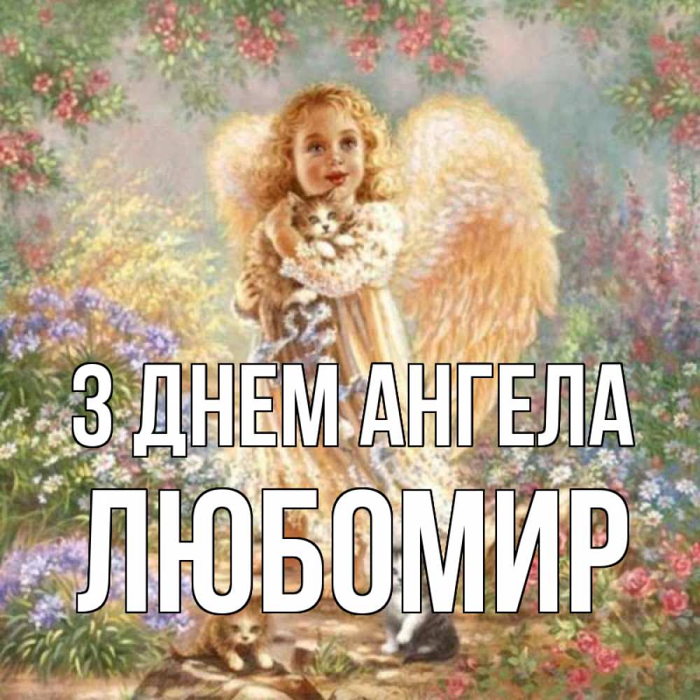 Открытка на каждый день з підписом, Любомир З Днем ангела держит котенка Прикольна листівка з побажанням онлайн скачати безкоштовно 