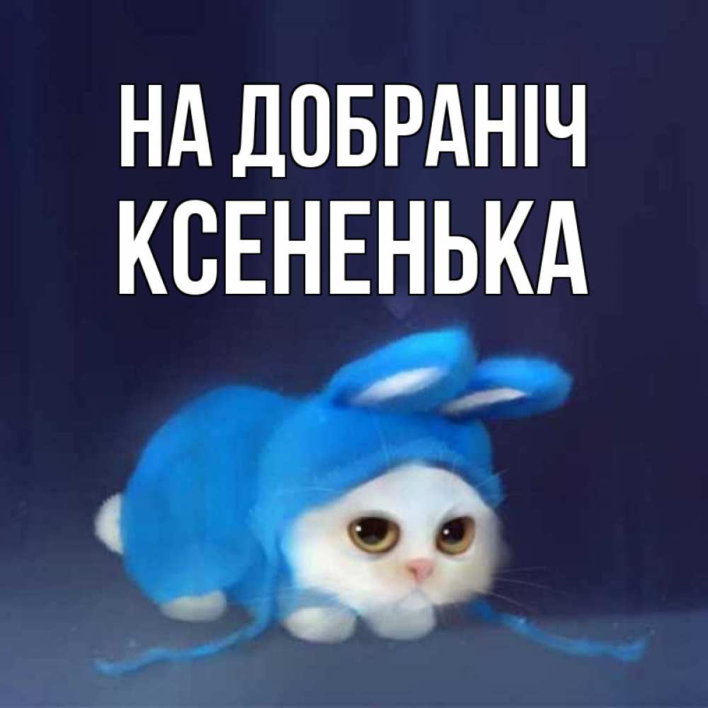 Открытка на каждый день з підписом, Ксененька На добраніч кот в голубом костюме кролика с ушками Прикольна листівка з побажанням онлайн скачати безкоштовно 