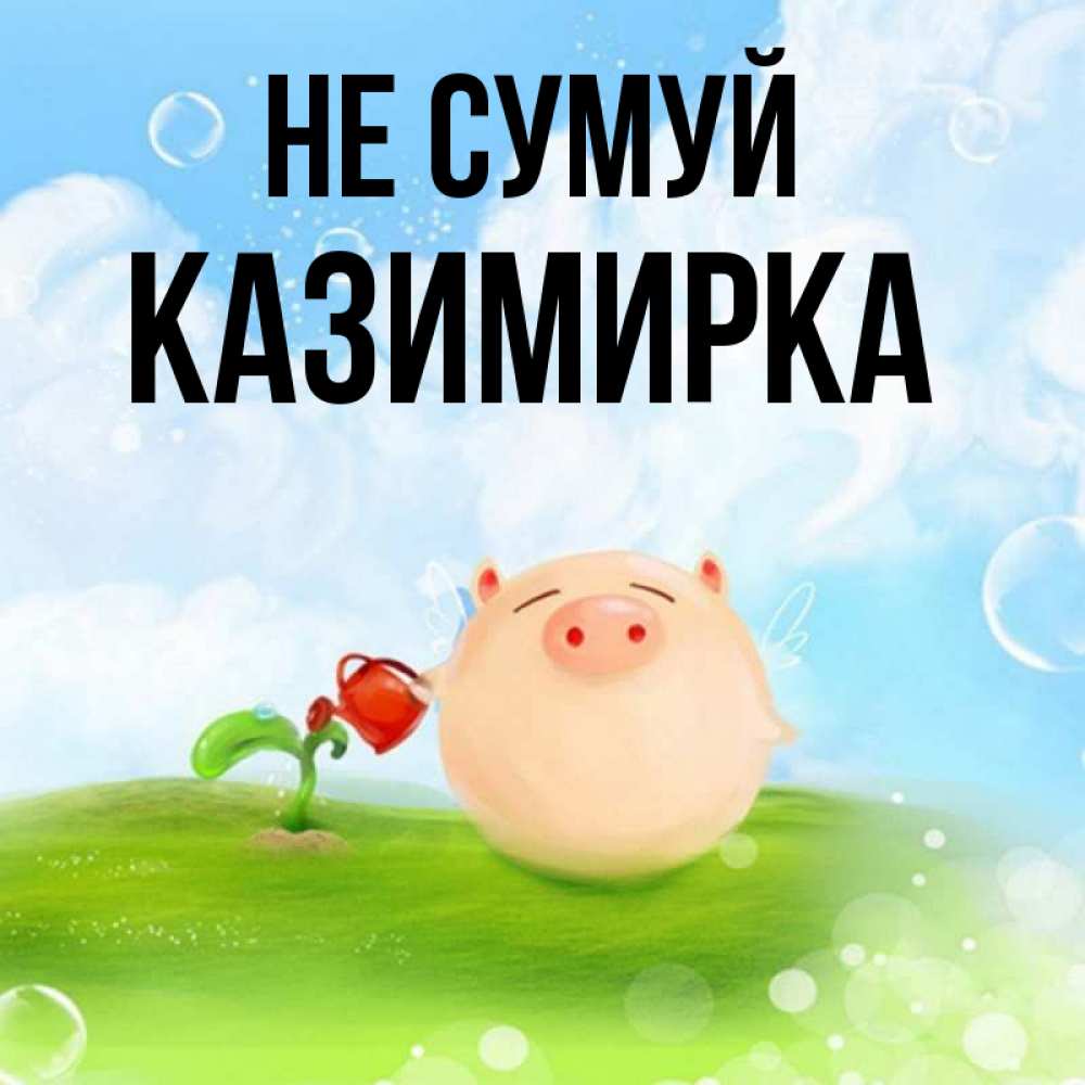 Открытка на каждый день з підписом, Казимирка Не сумуй поливает цветок порося Прикольна листівка з побажанням онлайн скачати безкоштовно 