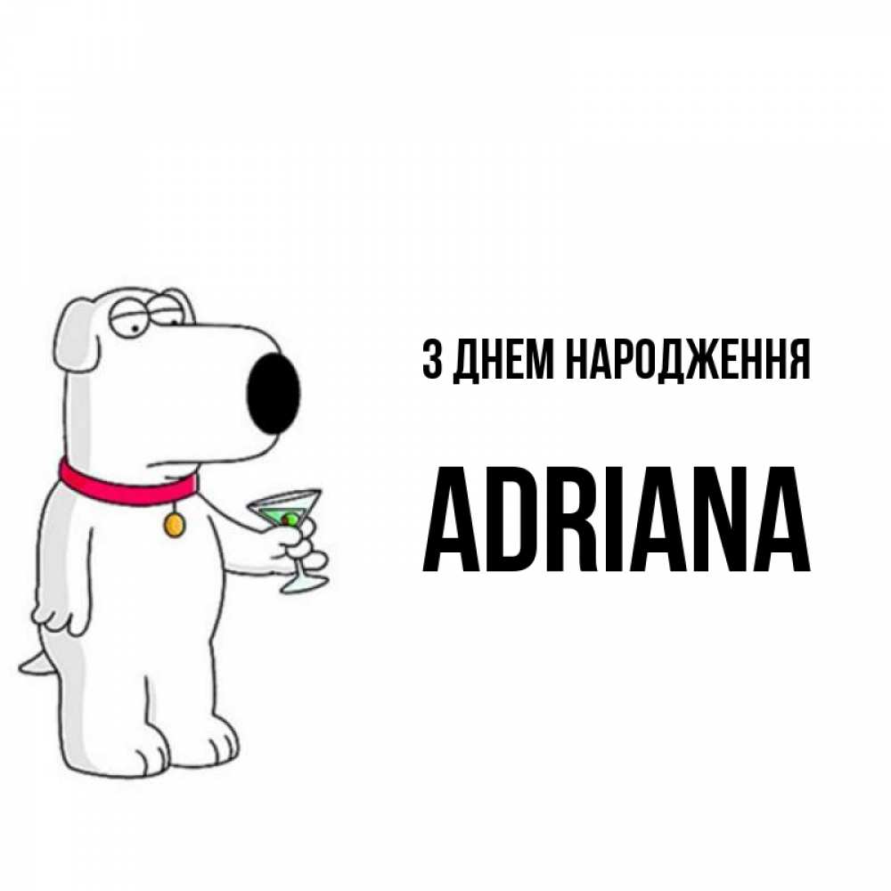 Открытка на каждый день з підписом, Adriana З Днем народження песик с оливками Прикольна листівка з побажанням онлайн скачати безкоштовно 