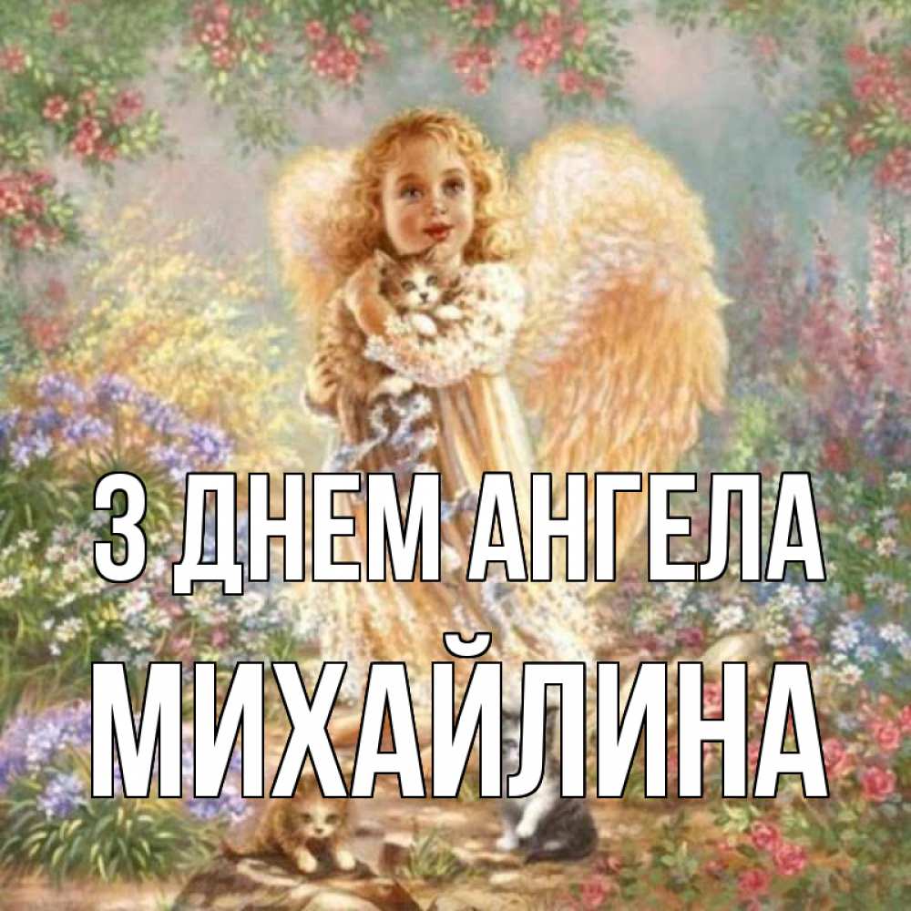 Открытка на каждый день з підписом, Михайлина З Днем ангела держит котенка Прикольна листівка з побажанням онлайн скачати безкоштовно 