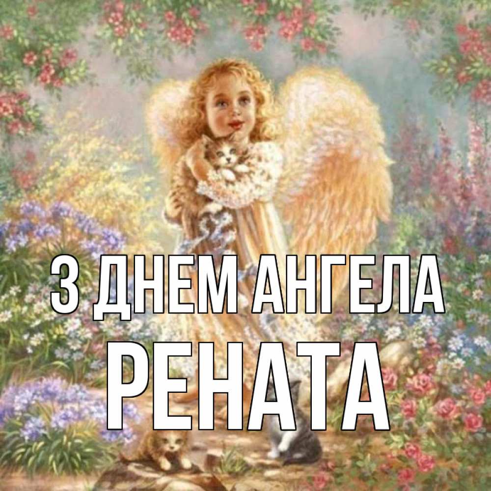 Открытка на каждый день з підписом, Рената З Днем ангела держит котенка Прикольна листівка з побажанням онлайн скачати безкоштовно 