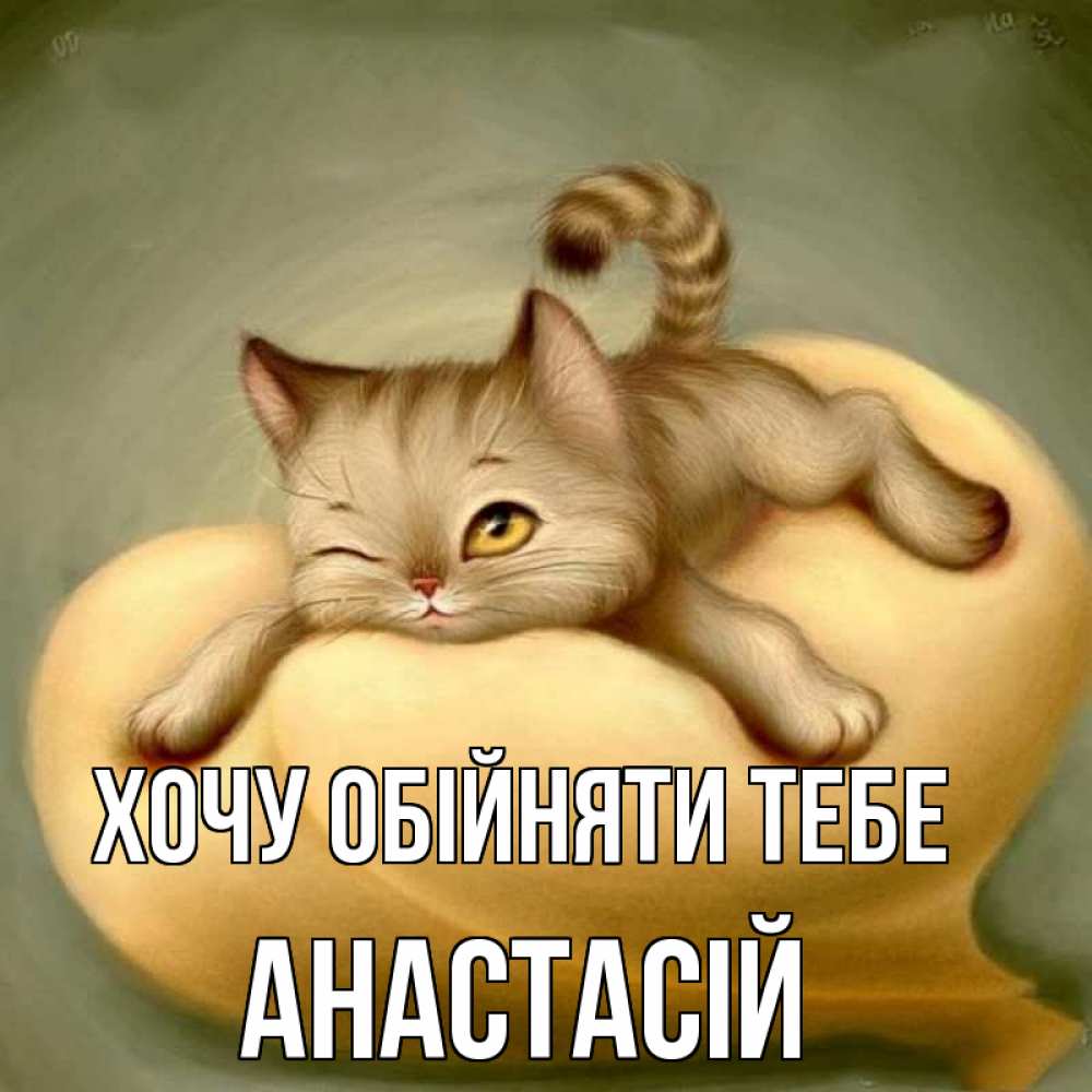 Открытка на каждый день з підписом, Анастасій Хочу обійняти тебе кошечка Прикольна листівка з побажанням онлайн скачати безкоштовно 