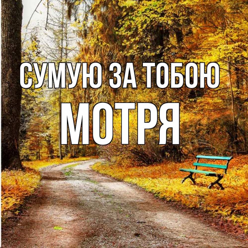 Открытка на каждый день з підписом, Мотря Сумую за тобою зеленая лавочка и осенний лес Прикольна листівка з побажанням онлайн скачати безкоштовно 