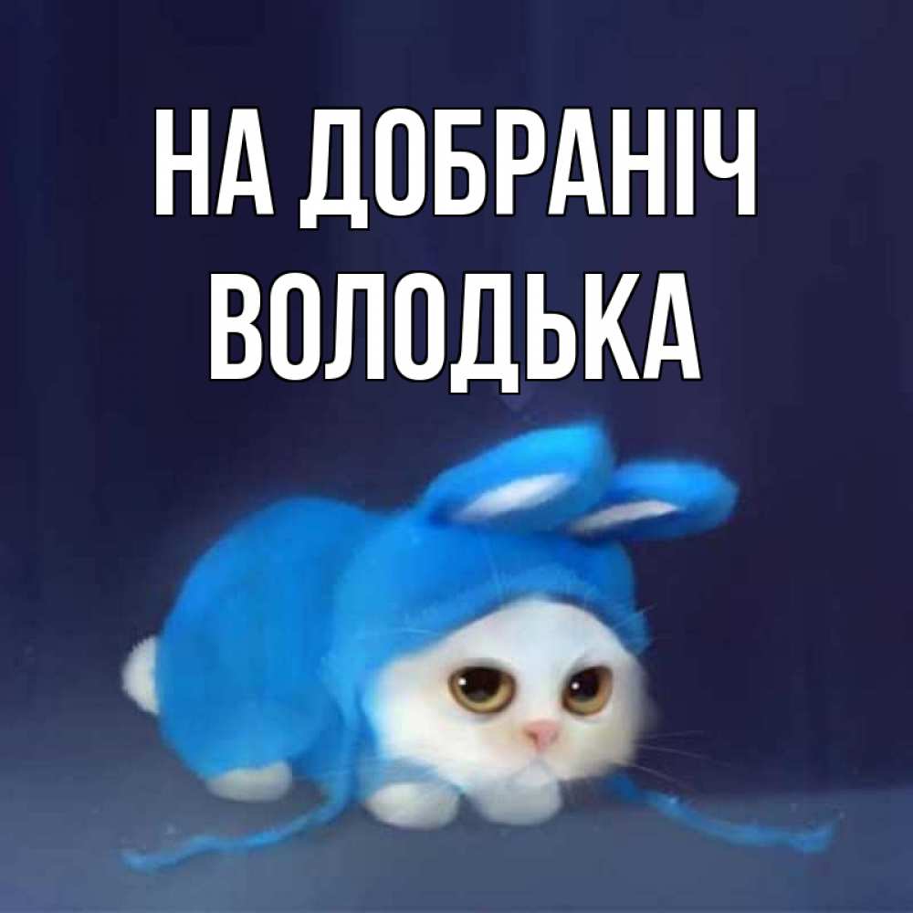 Открытка на каждый день з підписом, Володька На добраніч кот в голубом костюме кролика с ушками Прикольна листівка з побажанням онлайн скачати безкоштовно 