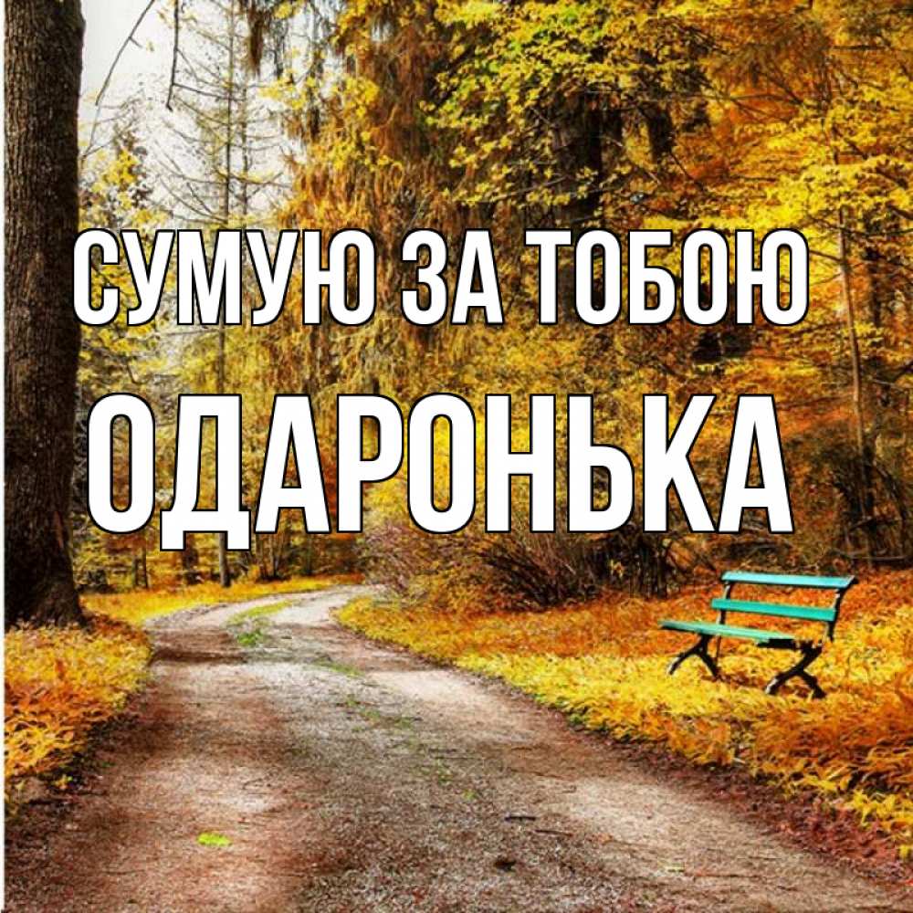Открытка на каждый день з підписом, Одаронька Сумую за тобою зеленая лавочка и осенний лес Прикольна листівка з побажанням онлайн скачати безкоштовно 