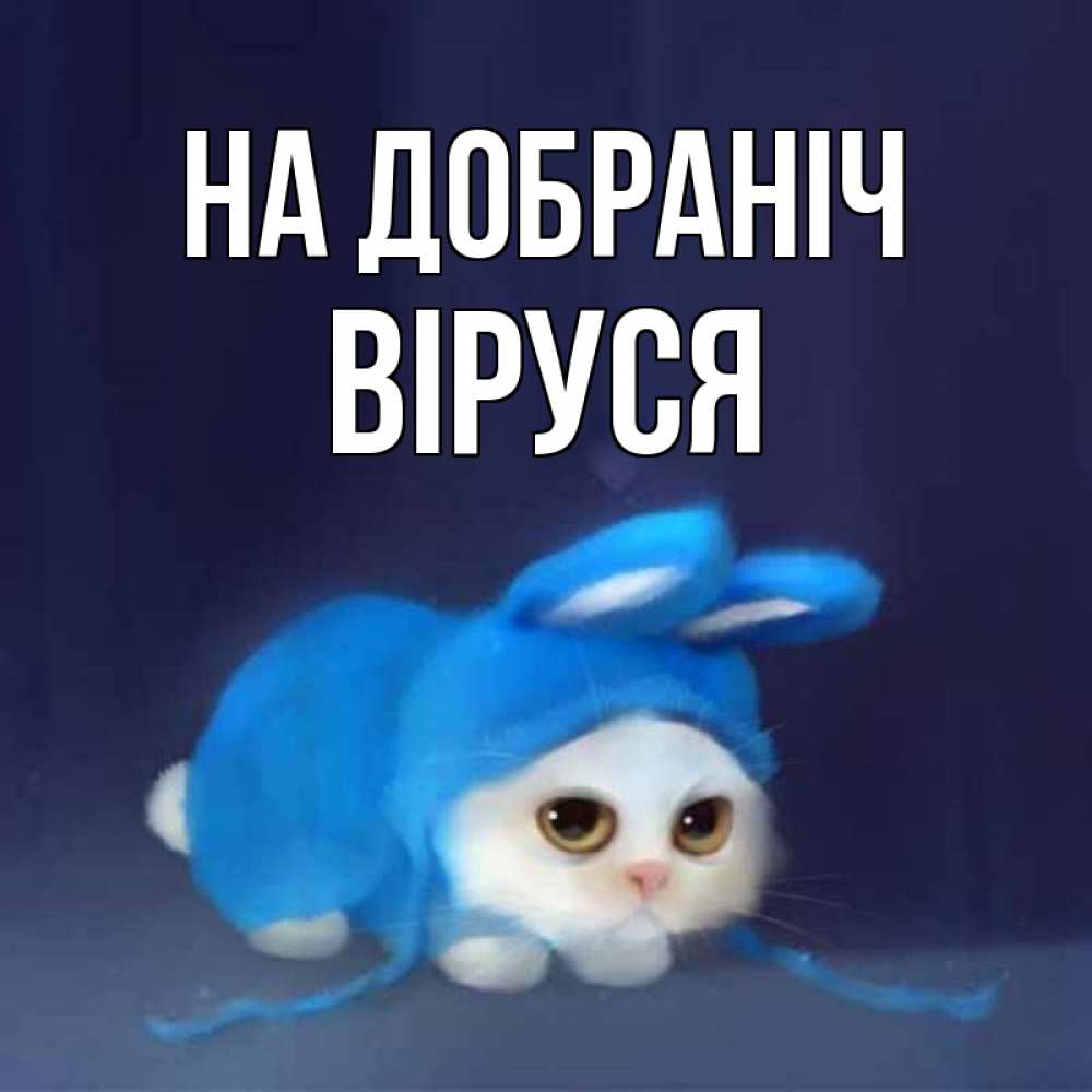 Открытка на каждый день з підписом, Віруся На добраніч кот в голубом костюме кролика с ушками Прикольна листівка з побажанням онлайн скачати безкоштовно 