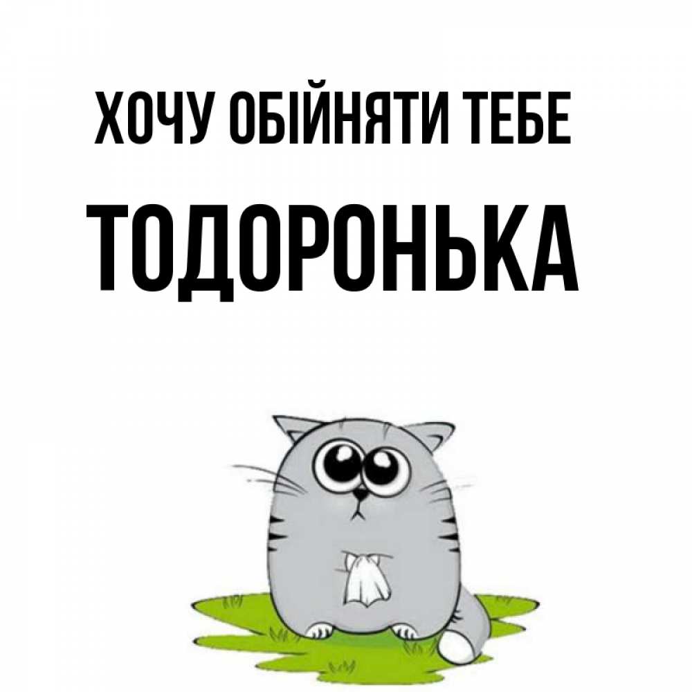 Открытка на каждый день з підписом, Тодоронька Хочу обійняти тебе котик теребит платочек сидя на травке Прикольна листівка з побажанням онлайн скачати безкоштовно 