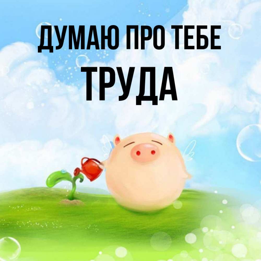 Открытка на каждый день з підписом, Труда Думаю про тебе позитивная свинюшка Прикольна листівка з побажанням онлайн скачати безкоштовно 